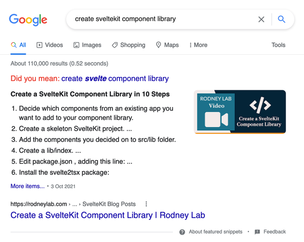 Adding Schema.org Markup to your SvelteKit Site: Example of a featured snippet from Google search results. Shows a Rodney Lab page in results given prominence over other search results in a featured snippet.