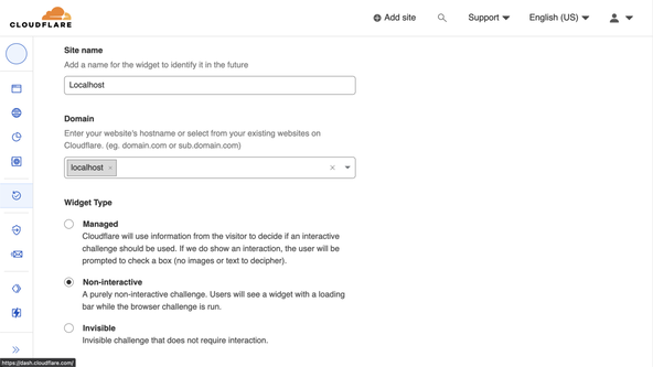 Astro Comment Form: Screen capture Cloud flare console with Turnstile configuration open. The Site name field is set to Localhost and the Domain is localhost.