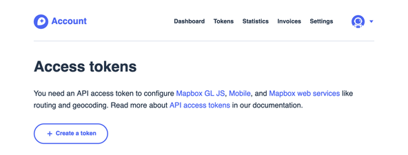 Astro JS Location Map: Map box dashboard.  Title reads Access tokens.  A Create a token button is show.
