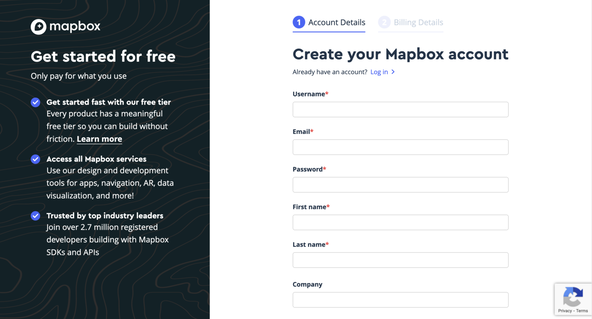 Astro JS Location Map: Map box sign up form.  Form has fields for Username, Email, Password, First, name, Last name and optionally company.