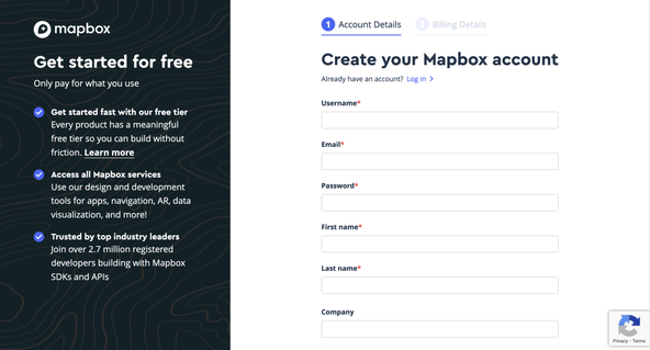 Astro JS Location Map: Map box sign up form. Form has fields for Username, Email, Password, First, name, Last name and optionally company.