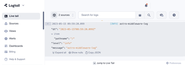 Astro JS Middleware Example: Screen capture shows an event logged in the Log tail console. Message reads astro-middleware-log. Timestamp and pathname are included, as, well as the event level, which is set to info.