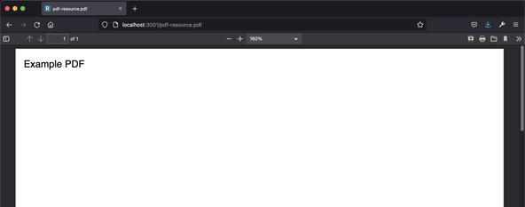 Astro JS non-HTML Routes: screenshot of P D F route. Shows a P D F file open in a browser at route /pdf-resources.pdf. The file contains the text Example P D F