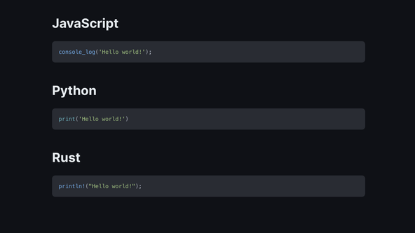 Astro Markdoc: Screen capture shows browser window, there are Java Script, Python, and Rust code blocks with syntax highlighted.