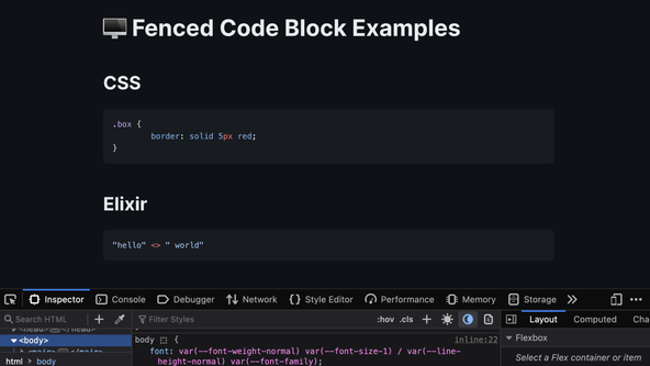 Astro Markdoc: Screen capture shows Firefox developer tools open with dark mode selected. Within the main browser window, there are CSS and Elixir code blocks with light text on a dark background.