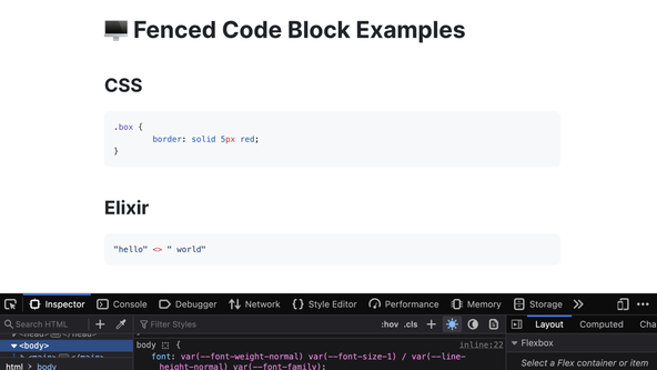 Astro Markdoc: Screen capture shows Firefox developer tools open with dark mode selected. Within the main browser window, there are CSS and Elixir code blocks with dark text on a light background.
