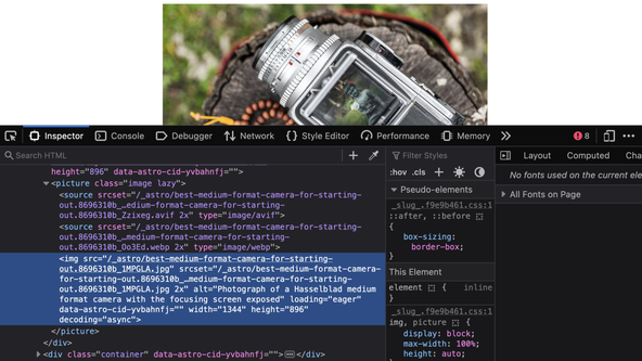 Astro Picture Component: Screen capture shows Firefox developer tools open with an img element highlighted in the Inspector. That i m g tag is within a picture tag which also contains source tags for A V I F and Web P image alternatives.
