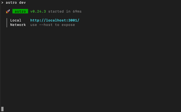 Astro Scroll to Anchor: Screenshot show Astro C L I terminal output giving the dev server address as http localhost 3001