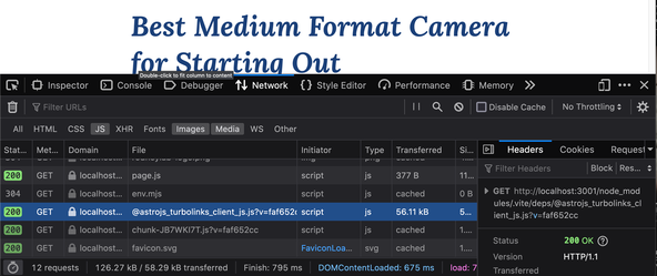 Astro Turbolinks: Test: screen capture show Firefox Developer tools, network tab. A downloaded file is highlighted as show @astrojs_turbolinks_client_js as the file name