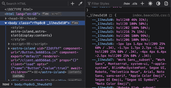 Astro Vanilla-Extract Styling: Dev tools screen capture shows body element selected in Inspector left pane. There are two class names and the second is seen in the middle pane with fonts and other styles matching the light theme.