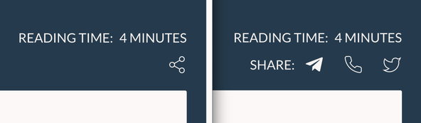 Deno Fresh Stack: two adjacent screen captures show the same site, one with a Web Share icon, the other with separate Twitter, Whats App and Telegram icons.