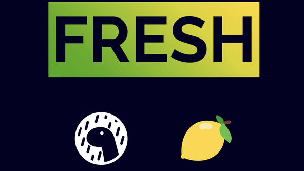 Deno Fresh SVG Sprites: Screen capture shows a website with a Deno logo and a lemon icon. The Deno icon depicts a black dinosaur head in profile with a rainy backdrop, in a cartoon style. The lemon is yellow, with two green leaves and a short stalk.