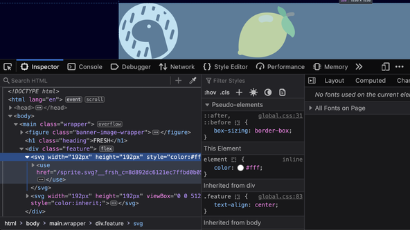 Screen capture show the Inspector tab in Firefox Developer Tools. An S V G tag is highlighted in the main window. In Inspector itself, within the s v g tag is a use tag, rather than the inline S V G. The h ref on the use tag is set to /sprite.svg, with a hash appended as a query parameter.