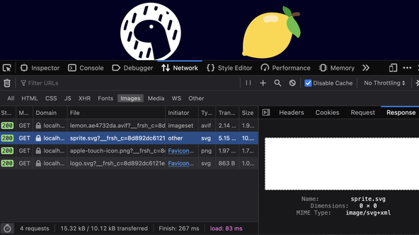 Screen capture show the Network tab in Firefox Developer Tools.  A GET request for the SVG sprite sheet is highlighted, show the sprite.svg url, with a hash appended as a query parameter.  The auxialiary pane, to the right shows an empty white rectangle and meta below states the SVG dimensions are 0 x 0.