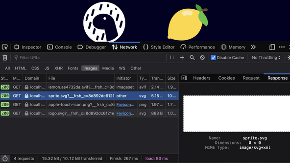 Screen capture show the Network tab in Firefox Developer Tools. A GET request for the SVG sprite sheet is highlighted, show the sprite.svg url, with a hash appended as a query parameter. The auxialiary pane, to the right shows an empty white rectangle and meta below states the SVG dimensions are 0 x 0.