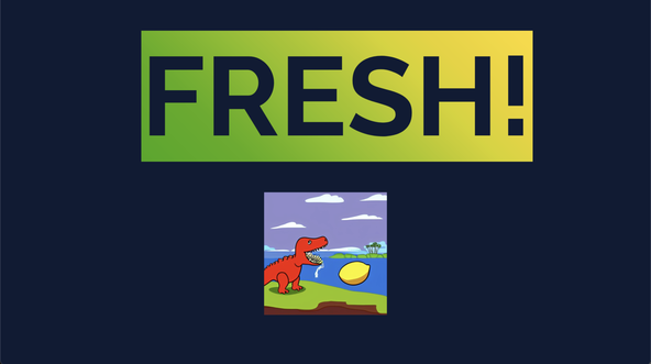 Deno Fresh WASM: Screen capture shows a browser window with the word FRESH as title and a clear image of a Dinosaur with a mouth full of lemons below.