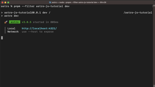 Getting Started with Astro: Terminal Screenshot: shows Astro version v0.25.2 running on http://localhost:3001/