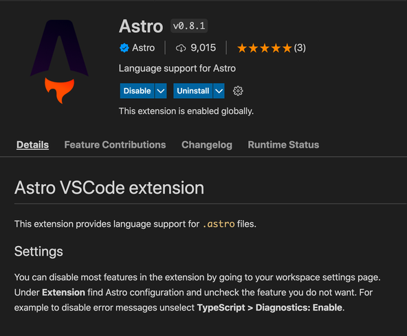 Getting Started with Astro: VS Code Extension: Screenshot shows V S Code extension in the Extensions window of V S Code. Title is Astro, 9015 downloads are shown and version is v 0.8.1. Publisher is Astro.