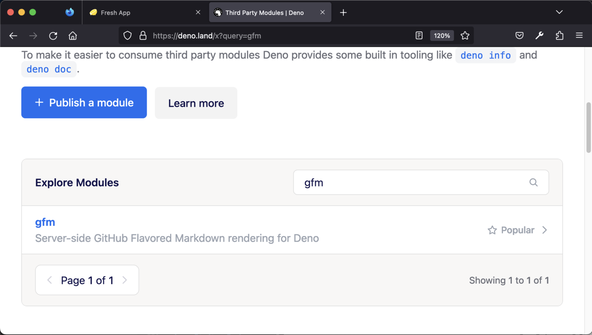 Getting Started with Deno Fresh: Screen capture shows the deno.land/x site site the g f m package highlighted.