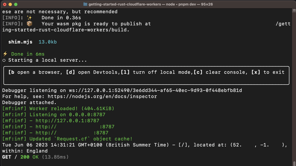 Getting Started with Rust Cloudflare Workers: Wrangler Console Log: screenshot shows Terminal with wrangler running last lines log a recent request, showing timestamp, route (which is "/"), approximate user coordinates and country (England).