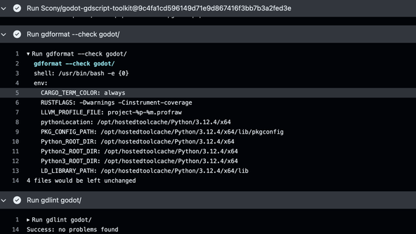 Godot Rust C I: screen capture show log from Git Hub action running godot-g d script-toolkit.  g d format output reads 4 files would be left unchanged and g d lint output reads Success: no problems found.