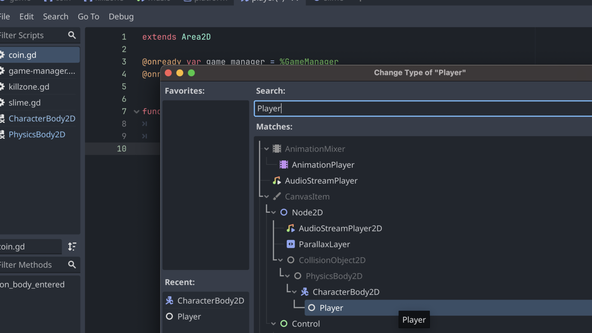 Godot Rust gdext: The screen capture shows Godot Engine. In the left-hand panel, the Scene tab is active, and the user has opened the context menu for the Player Scene. The logo beside the Player label indicates that the Player is an instance of a Character Body 2 D class. In the context menu, towards the top of the bottom half of the listed options, "Change Type..." is highlighted.