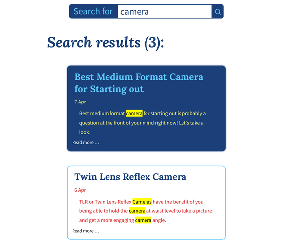 Highlight Search Results: What we're Building - screen capture showing search results as a box for each result. The boxes contain summaries related to the post they represent. The word camera, also in the search box, is highlighted in the summaries.