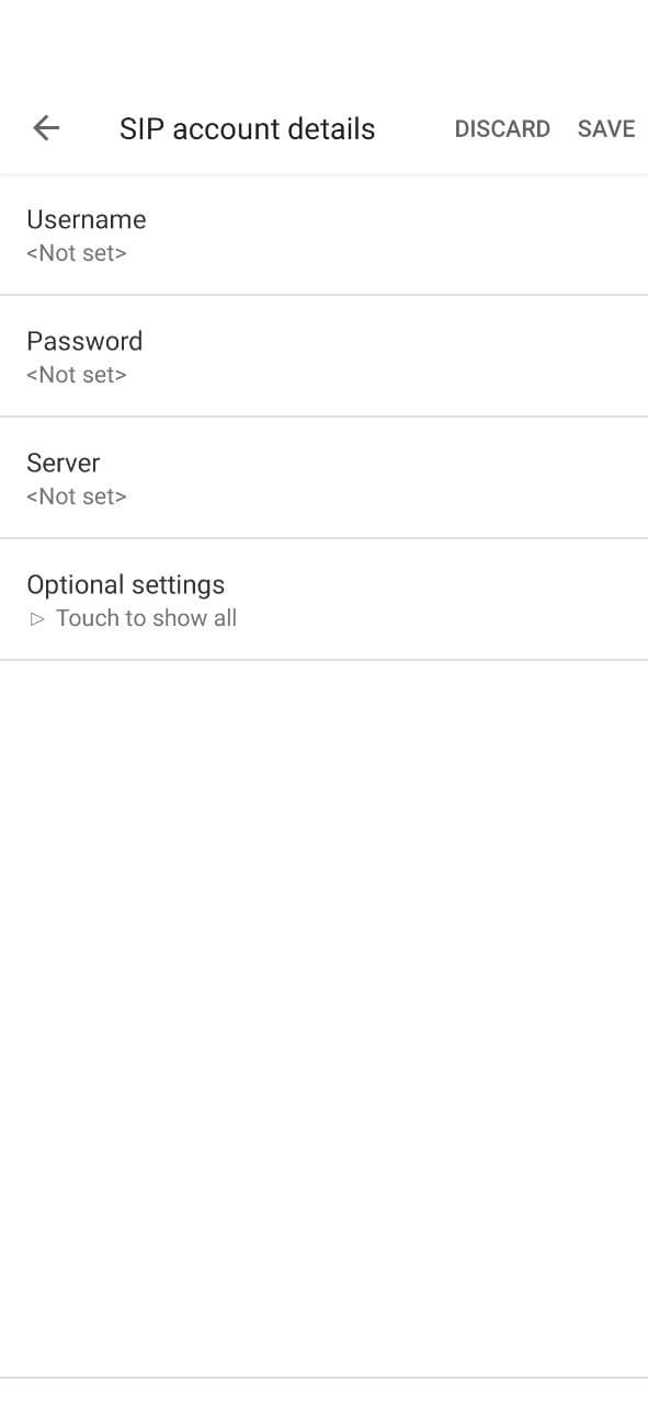 How to make Android VoIP Calls with Telnyx: Screen Capture: Image shows SIP account details screen with form fields for Username, Password, and Server and an Optional setting expandable menu (collapsed).