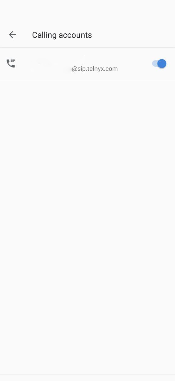 How to make Android VoIP Calls with Telnyx: Screen Capture: Image shows Calling accounts with a single account listed and the toggle switched set to the on position.