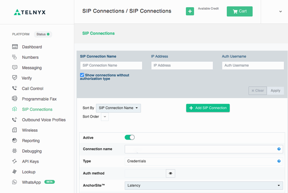 How to make Android VoIP Calls with Telnyx: Screen Capture: Image shows S I P Connection Options. Towards the middle are Username and Password form fields.