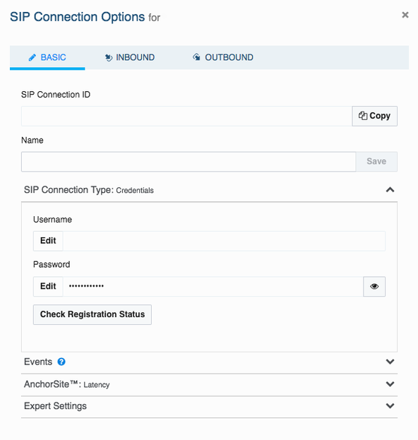 How to make Android VoIP Calls with Telnyx: Screen Capture: Image shows S I P Connection Options. Towards the middle are Username and Password form fields.