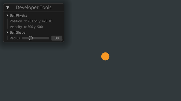Macroquad egui Dev Tools: a carrot-coloured ball floats in the middle of a window on a screen capture. The window has a gunmetal coloured background. In the top left corner of the window sits a panel title "Developer Tools"; it has two sections. The Ball Physics section gives the current x and y values of the ball position and velocity. The lower Ball Shape section has a slider for controlling the ball radius.