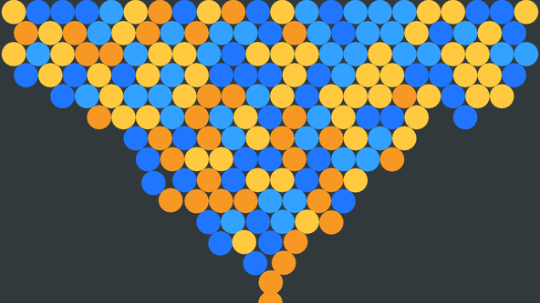 Macroquad Rapier ECS: A collection of yellow, orange, and blue balls have floated to the top of the window in a screen-capture. They are tightly packed, though not evenly distributed, with the ball reaching almost down to the ground in the centre. A lone ball sits bottom centre on the floor of the window.