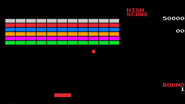 Parsing JSON Game Data: Screen capture shows a retro arcade game with pixelated fonts and bright colours.  Bricks are arranged in rows at the top of the screen, each row a different colour, the lowest row is green and the highest silver.  Below the brick, a red ball looks like it might be about to collide with one of the green bricks in the lowermost row.