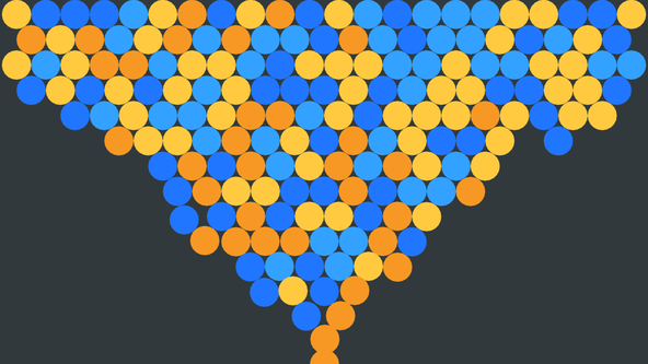 Rapier Physics with Macroquad: A collection of yellow, orange, and blue balls have floated to the top of the window in a screen-capture.  They are tightly packed, though not evenly distributed, with the ball reaching almost down to the ground in the centre.  A lone ball sits bottom centre on the floor of the window.