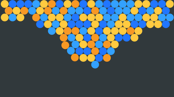 Rapier Physics with Macroquad: A collection of yellow, orange, and blue balls have floated to the top of the window in a screen-capture.  They are tightly packed, though not evenly distributed, with the collection being more balls deep at the centre of the window.