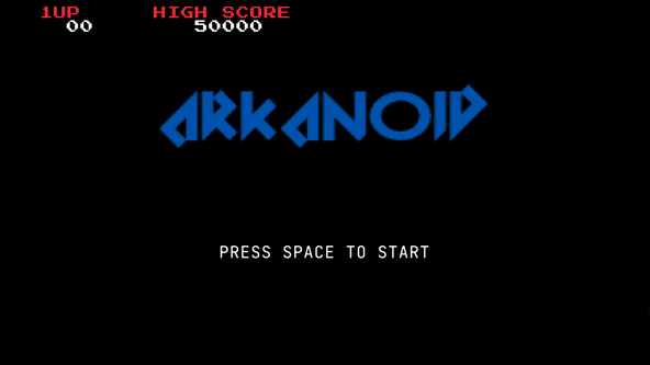 raylib SDF Fonts: Screenshot shows a game title screen. Larger text in the centre reads ARKANOID in capital letters typeset with a large angular font. The edges are not smooth, and are serrated in appearance.