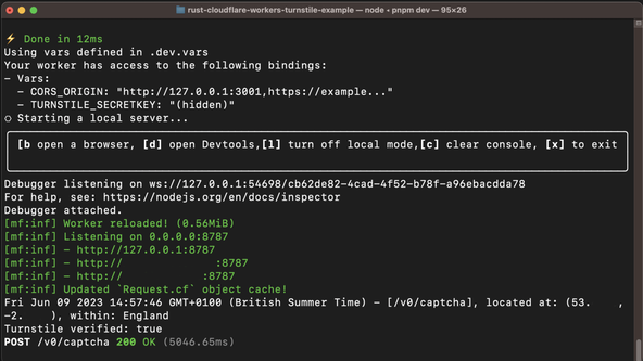 Rust Cloudflare workers:Terminal screen capture shows logs for a request on the /v0/captcha route with text showing Turnstile successfully verified the user. Environment variables are also listed. The value for CORS_ORIGIN is listed, while the TURNSTILE_SECRETKEY is hidden.