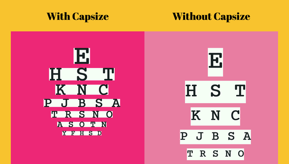 Svelte Capsize Styling: Typography Tooling: Screenshot shows two charts side by side. Each chart is a mock-up is an optometrist test chart, with rows of letters growing smaller with each row. The left chart shows output with capsize applied, while the right, shows without. The capsize letters are snug to the background, but the without capsize letters have noticeable gaps above and below letters.