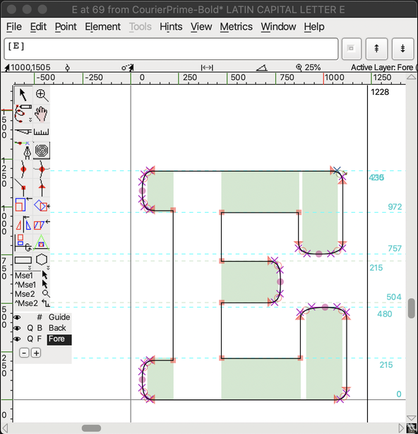 Svelte Capsize Styling: Typography Tooling: FontForge Courier Prime Font: Screenshot shows a large letter E with various dimensions marked on the FontForge window