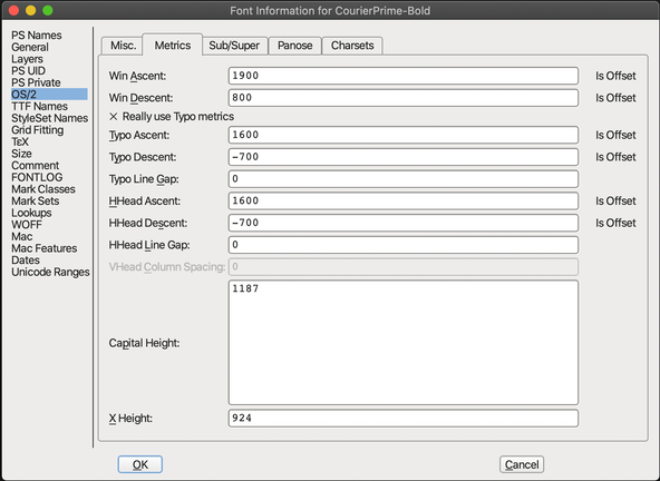 Svelte Capsize Styling: Typography Tooling: FontForge metrics: screenshot shows various measurements for a letter in FontForge.