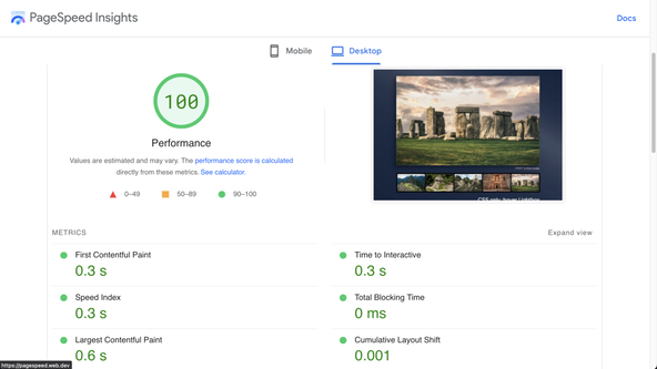 Svelte CSS Image Slider: Screen capture shows Page Speed Insights desktop scores.  Despite a very large image being displayed in the preview, the performance is perfect at 100 with 0.3s time to interactive, speed index and first contentful paint. Total blocking time is zero and cumulative layout shift is just 0.001.