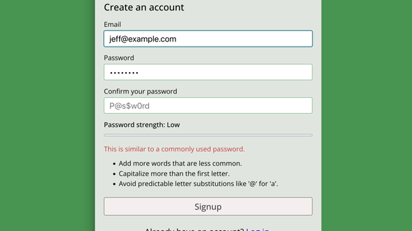 Svelte Login Form Example: Screen capture shows a login form with a warning that the entered password is similar to a commonly used password and three hints for improvements. The second hint is to capitalize more that the first letter.