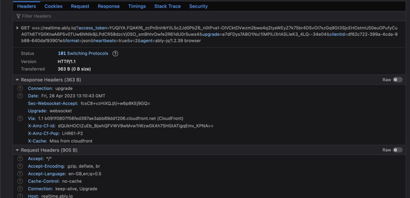 SvelteKit Ably: Web Socket upgrade in Web Developer tools.  Status shows a 101 Switching Protocols connection upgrade.