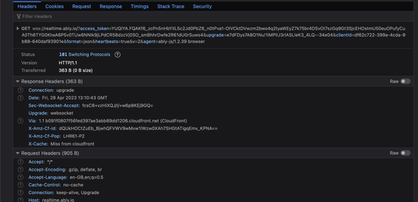 SvelteKit Ably: Web Socket upgrade in Web Developer tools. Status shows a 101 Switching Protocols connection upgrade.
