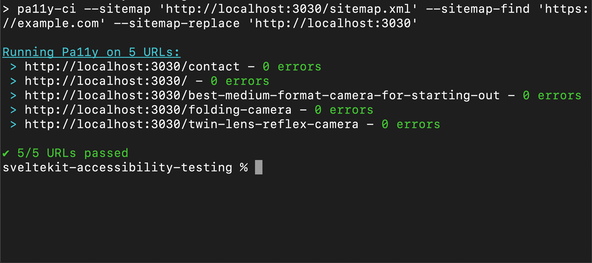 SvelteKit Accessibility Testing: Output from test:pa11y script.  Shows 5 tests run, each passing with no errors.