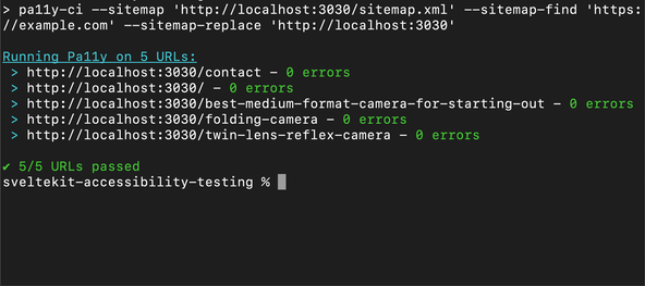 SvelteKit Accessibility Testing: Output from test:pa11y script. Shows 5 tests run, each passing with no errors.