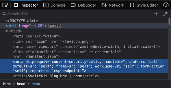 SvelteKit Content Security Policy: Screenshot shows browser dev tools with Inspector open and the Content Security Policy meta tag added by Svelte Kit visible.