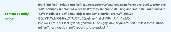 SvelteKit Content Security Policy: Screenshot shows content security policy headers found by Security Headers dot com.