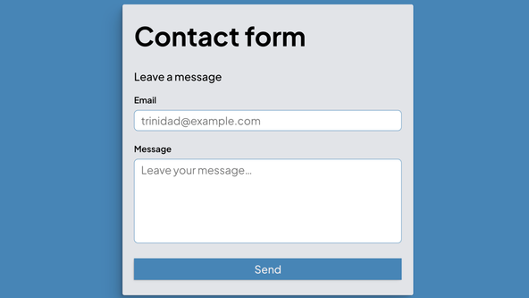 SvelteKit Form Example: screen capture shows a contact form with email and message fields, and a send button. All fields are blank.